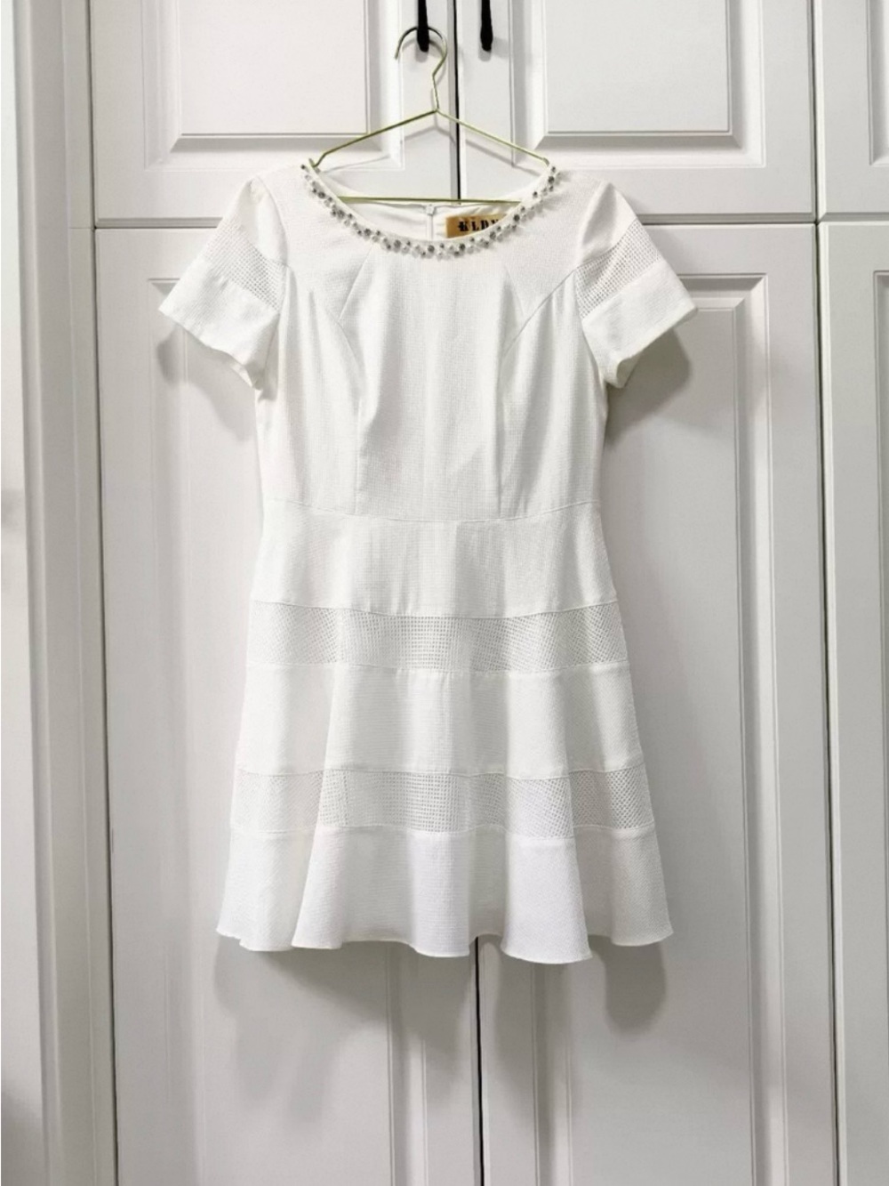 White Short Sleeve Fit-and-Flare Dress with Embellished Neckline